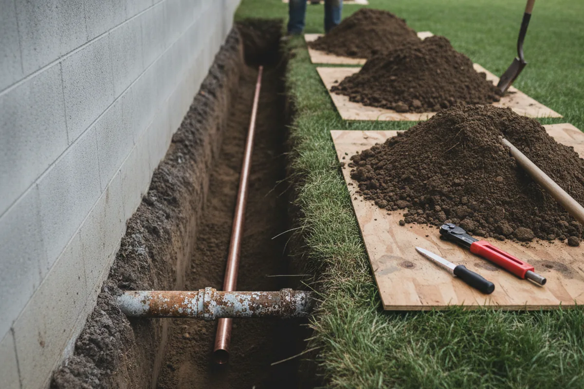 Excavated water line trench during Sewer Line Repair in Chantilly